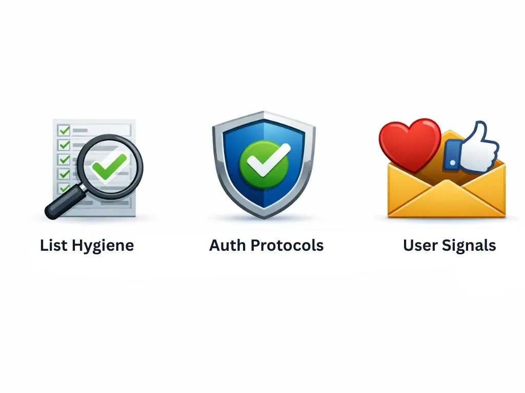 Three icons representing list hygiene, authentication protocols, and user engagement signals.