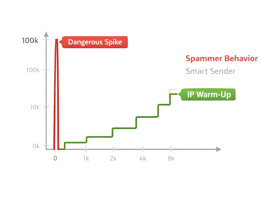 Graph showing the difference between spammy volume spikes and a safe email IP warm-up schedule.