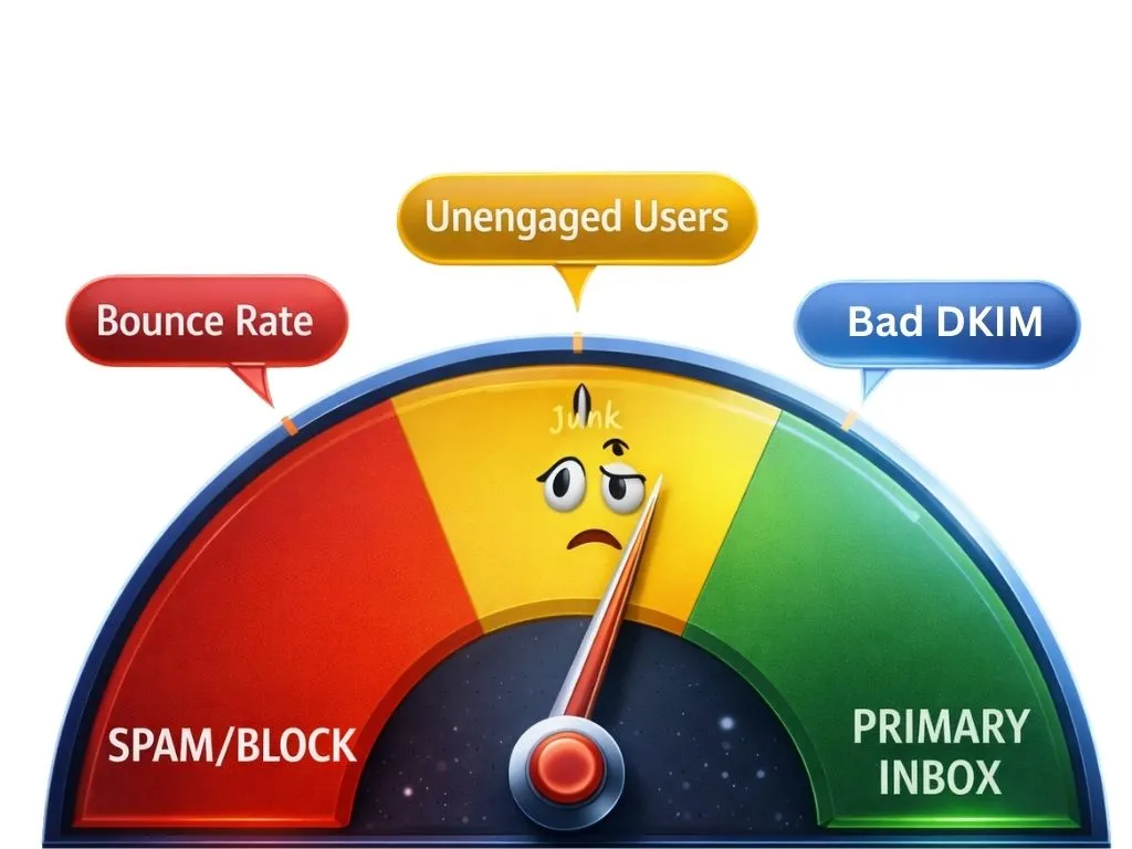 Gauge illustrating email deliverability risk, showing bounce rate, unengaged users, and bad DKIM pushing emails toward spam instead of the primary inbox