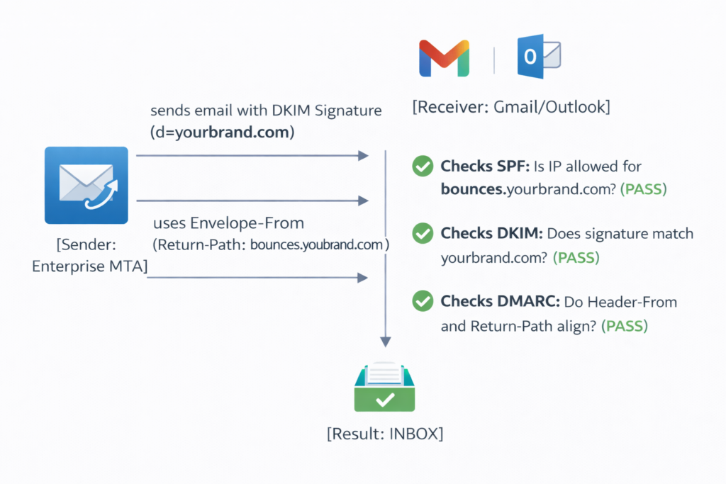 iagram showing email authentication flow where a sender uses DKIM and Return-Path, and Gmail/Outlook verifies SPF, DKIM, and DMARC, resulting in successful inbox delivery.