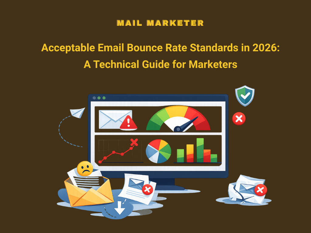 Illustration showing an email marketing dashboard with bounce rate indicators, charts, warning icons, and failed emails, highlighting acceptable email bounce rate standards in 2026.
