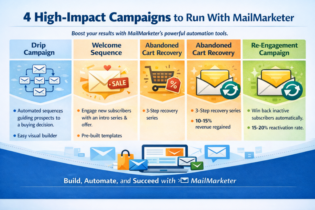 Infographic showing four high-impact email campaigns—drip campaign, welcome sequence, abandoned cart recovery, and re-engagement campaign—to boost marketing results with MailMarketer automation - Best email marketing platform