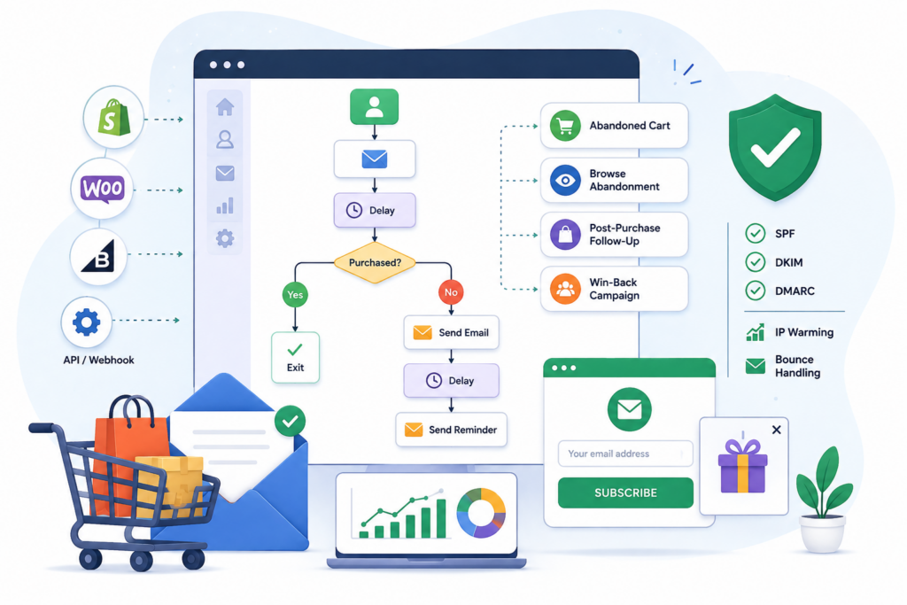 Email marketing automation workflow with abandoned cart, browse abandonment, post-purchase, and win-back campaigns, plus SPF, DKIM, DMARC, IP warming, and bounce handling features.